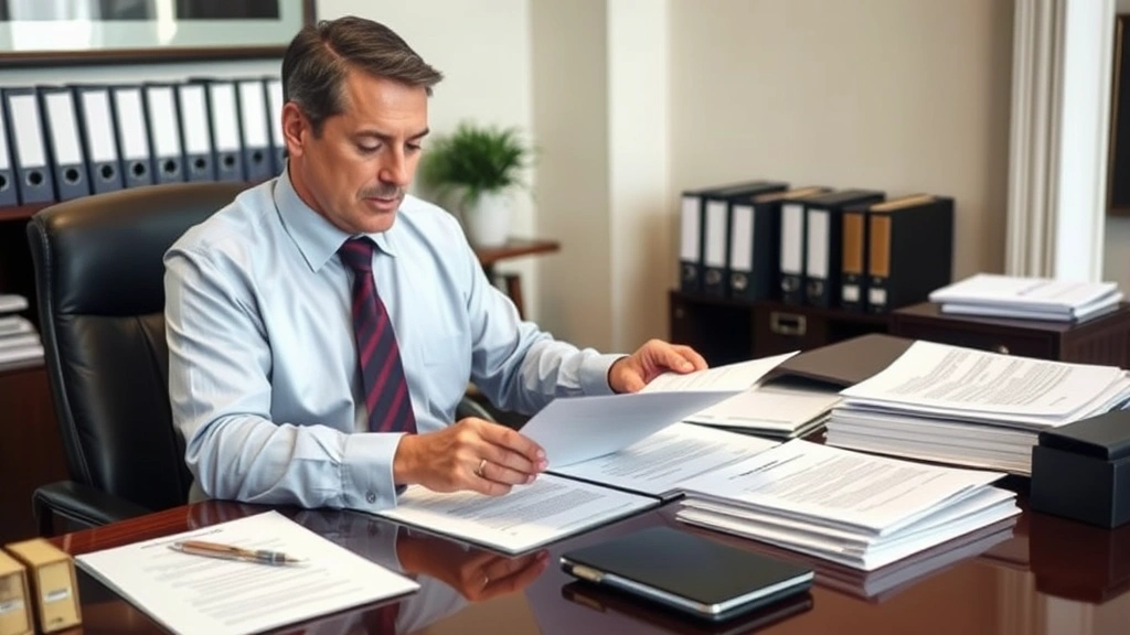 Senior trust officer examining estate planning documents and trust agreements at mahogany desk, surrounded by organized files and financial records, sophisticated professional environment with soft office lighting