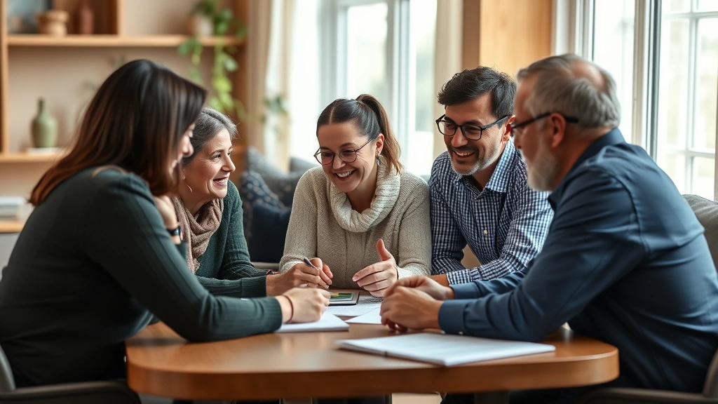 Multi-generational family meeting with trust company advisor discussing wealth succession and family financial goals, warm lighting, diverse group engaged in collaborative planning discussion