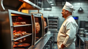 Professional barbecue restaurant kitchen with chef in white chef's coat carefully monitoring meat on industrial smoker, warm lighting, stainless steel equipment, organized workspace