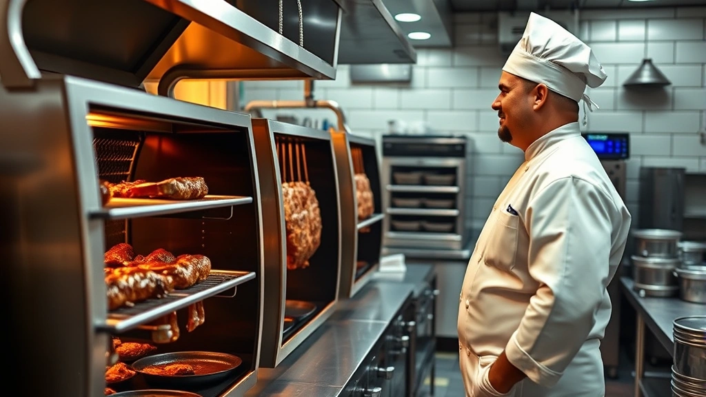 Professional barbecue restaurant kitchen with chef in white chef's coat carefully monitoring meat on industrial smoker, warm lighting, stainless steel equipment, organized workspace