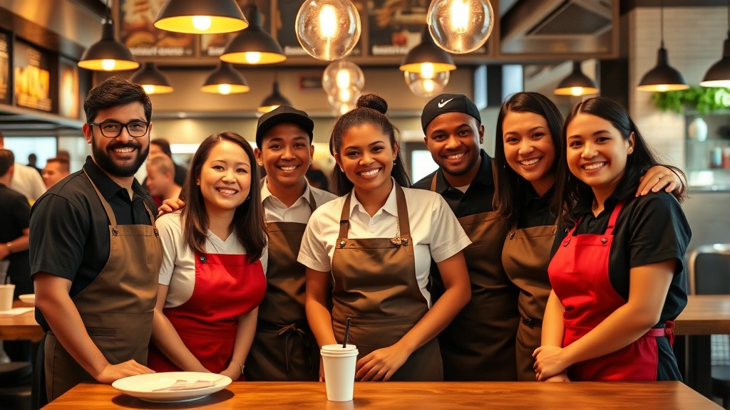 Diverse restaurant team in matching uniforms smiling together in casual dining environment, warm ambient lighting, genuine camaraderie, professional yet welcoming atmosphere
