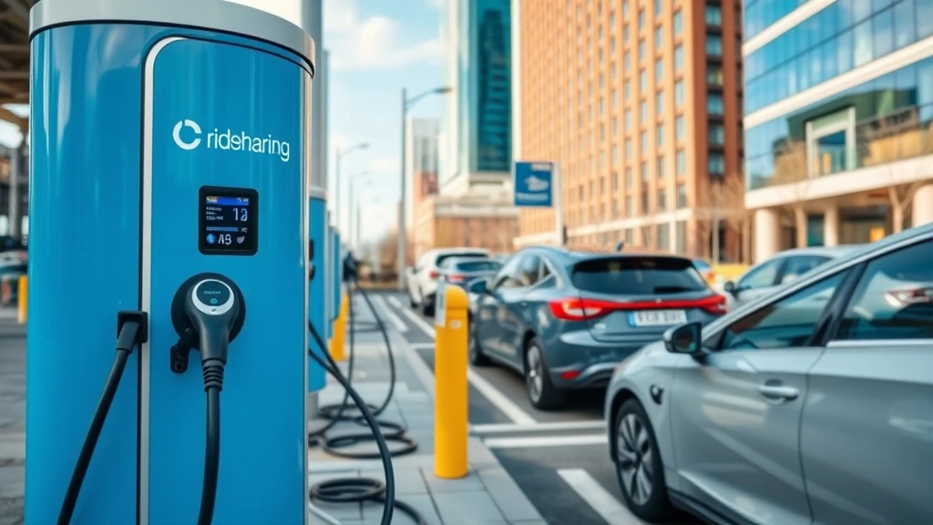 Electric vehicle charging station with ridesharing vehicles plugged in during charging, urban infrastructure setting with modern architecture, daytime professional photography