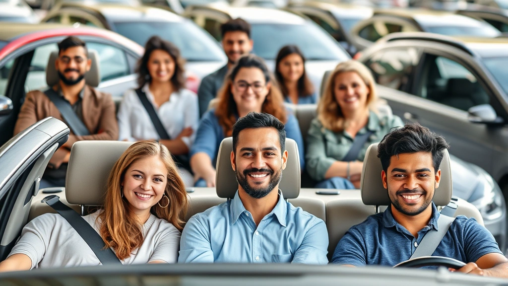 Diverse team of ridesharing drivers with vehicles in background, professional headshots style, showing different vehicle types and ethnicities, outdoor parking facility or street setting