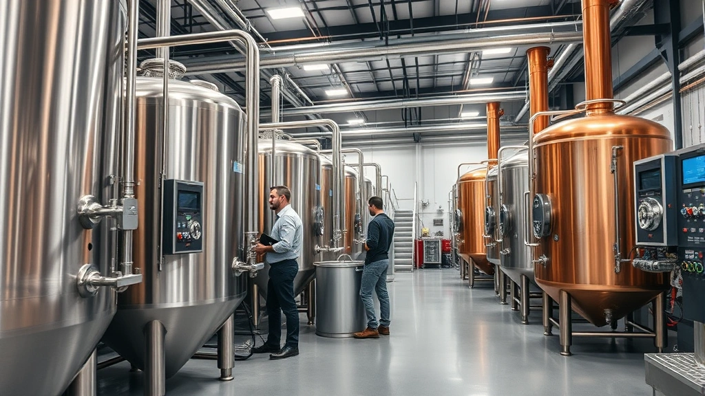 Professional brewery production floor with gleaming stainless steel fermentation tanks, copper brewing kettles, modern control panels, temperature monitoring systems, and brewmasters in brewery attire inspecting equipment in industrial facility lighting