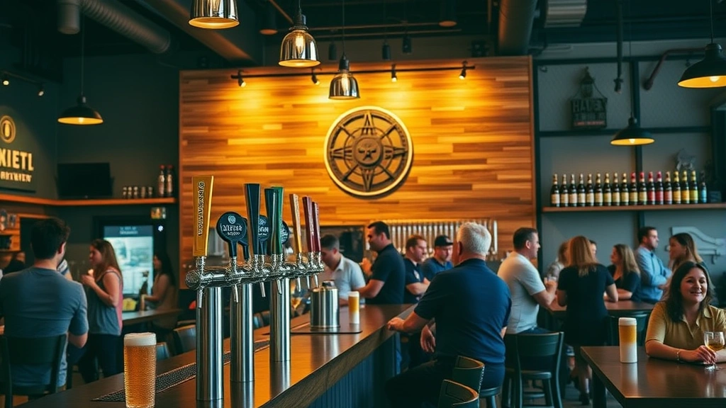 Modern craft brewery taproom interior featuring wooden bar with multiple beer taps with branded handles, warm ambient lighting, comfortable seating, craft beer bottles on display shelves, and diverse customers enjoying beverages in welcoming atmosphere