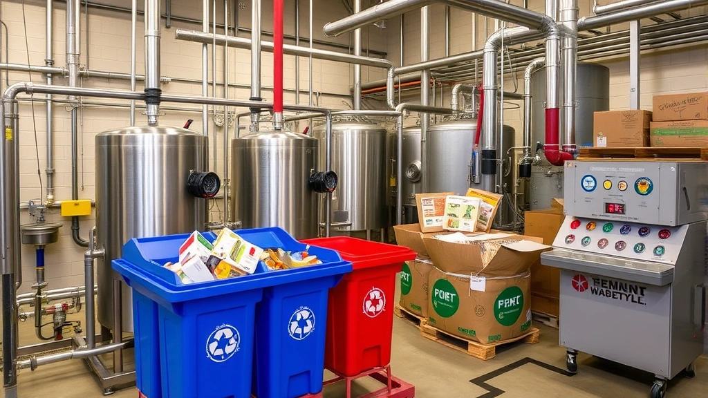Brewery sustainability operations showing water treatment systems, recycling bins for packaging materials, spent grain donation process with farm partners, renewable energy equipment, and environmental monitoring stations in brewery facility