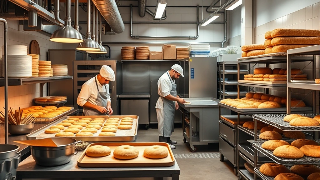 Professional artisanal bakery production facility with skilled bakers working with quality ingredients, warm lighting highlighting craftsmanship and modern equipment in clean commercial kitchen environment