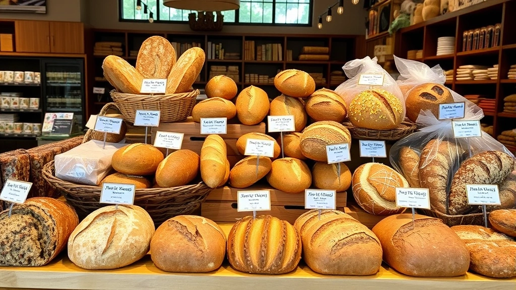 Premium specialty baked goods display in upscale retail environment with natural lighting, showcasing variety of artisanal bread and pastries with transparent ingredient labels and rustic presentation