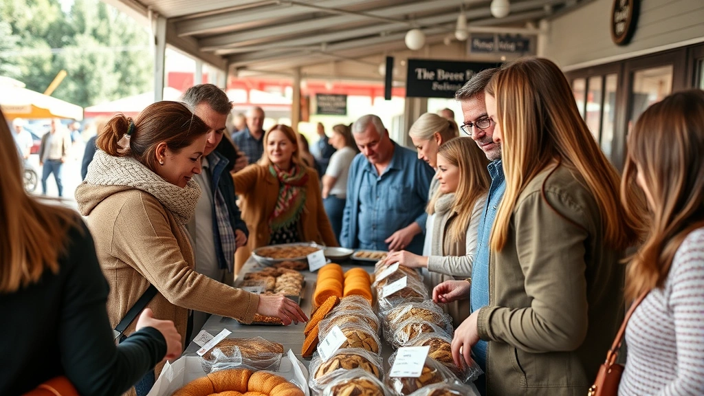 Diverse customers in farmers market setting selecting fresh baked goods from specialty vendor booth, natural daylight, genuine interaction and community atmosphere, professional quality photography