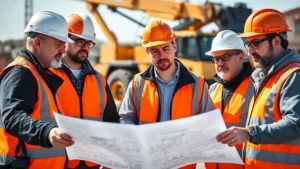 Professional construction team in safety gear reviewing highway project blueprints at outdoor job site, modern equipment visible in background, clear daylight, serious focused expressions