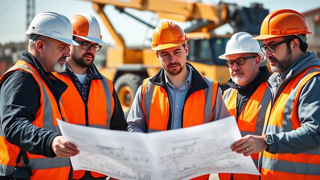 Professional construction team in safety gear reviewing highway project blueprints at outdoor job site, modern equipment visible in background, clear daylight, serious focused expressions