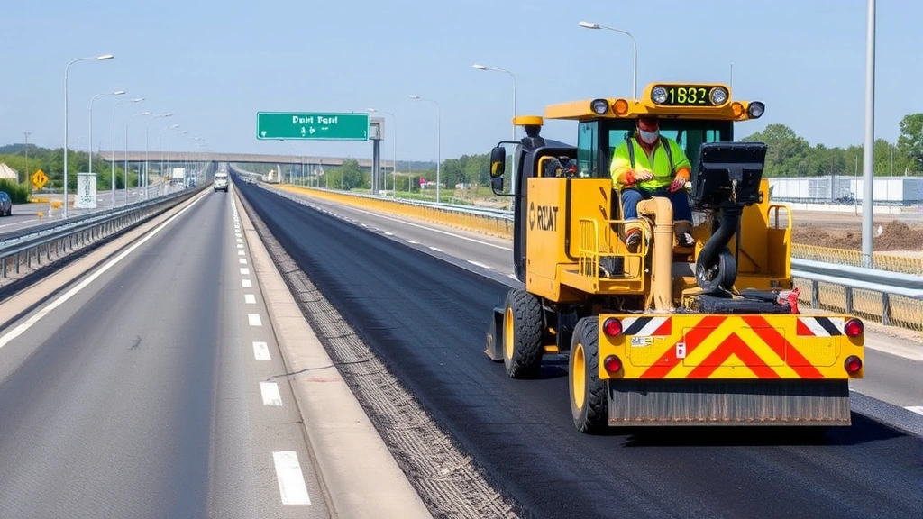 Advanced GPS-guided asphalt paving equipment operating on multi-lane highway project, smooth paved surface visible, construction crew monitoring operations, clear weather conditions