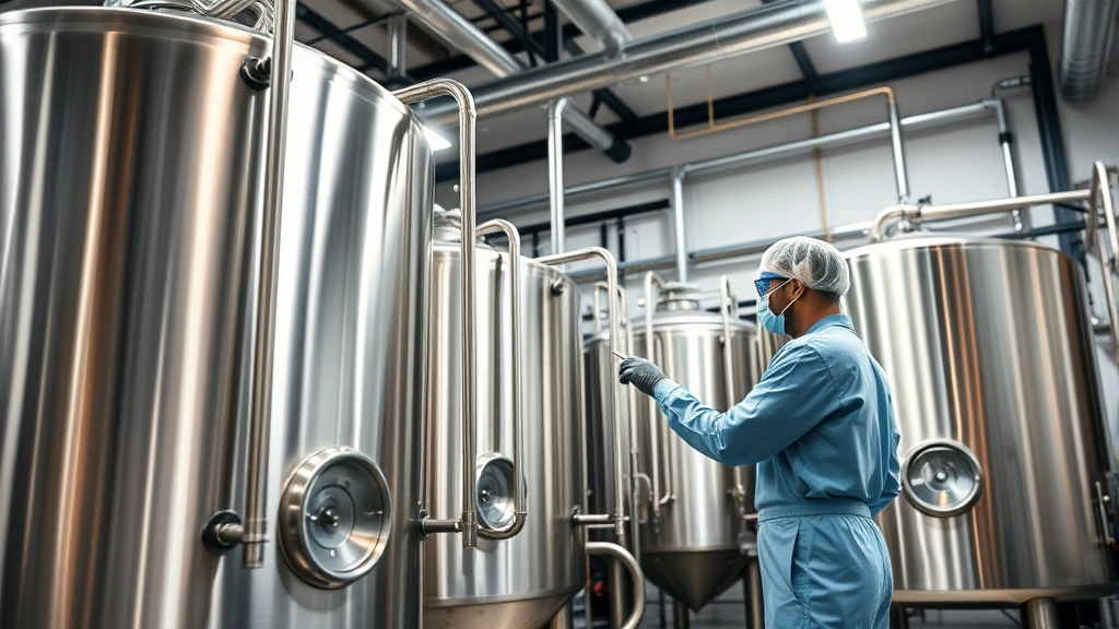 Modern brewery production facility with stainless steel fermentation tanks and quality control technician conducting testing procedures in professional industrial setting