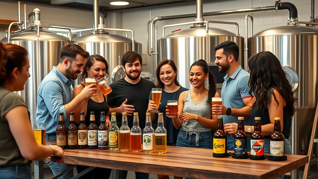 Diverse brewery team collaborating in tasting room with finished beer products displayed, showcasing company culture and product portfolio in welcoming environment