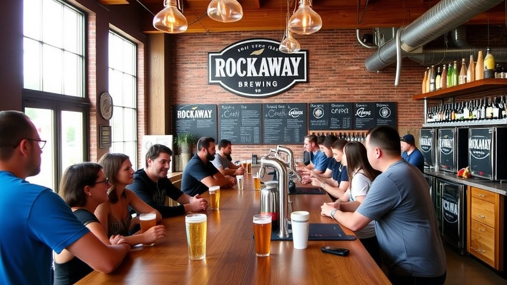 Rockaway Brewing taproom with customers enjoying craft beer at bar counter, emphasizing community engagement and customer experience in casual hospitality setting