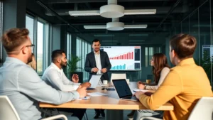 Professional male executive in modern office setting, conducting strategic planning session with diverse team members around conference table, reviewing business metrics on digital displays, natural lighting, corporate environment