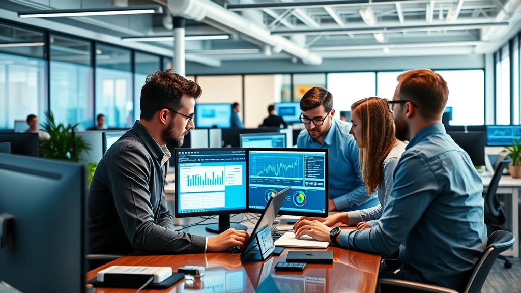 Diverse team of business professionals collaborating in tech-forward office space, analyzing data on multiple screens, discussing operational improvements, contemporary business setting with collaborative atmosphere