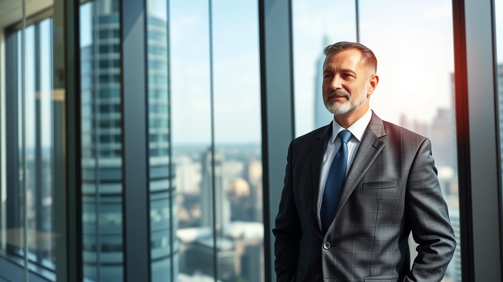 Mature CEO in executive suit standing in corporate headquarters overlooking city skyline, confident posture, strategic vision expression, modern glass and steel office architecture, natural daylight