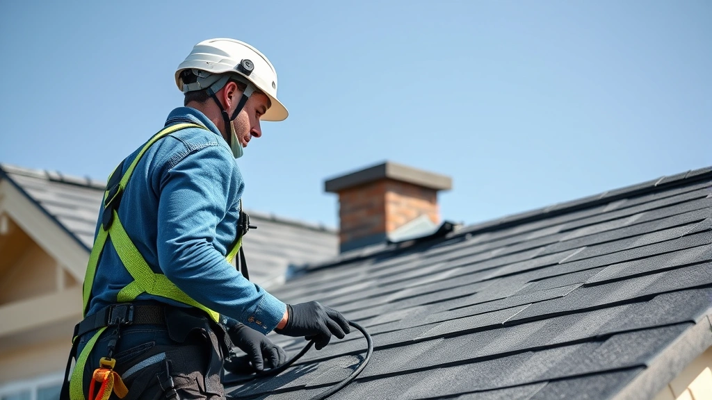 Professional roofer in full safety harness and helmet working on pitched residential roof with modern asphalt shingles, clear daylight, showing skilled craftsmanship and safety standards