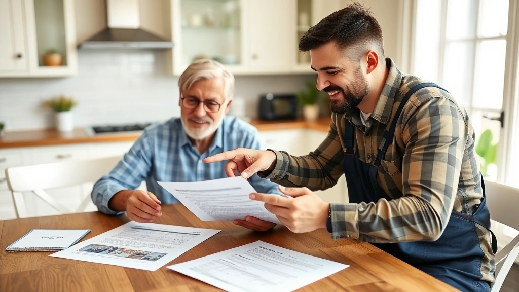 Homeowner reviewing roofing contract documents and financing paperwork at residential kitchen table with professional contractor in casual business attire, both smiling and pointing at details