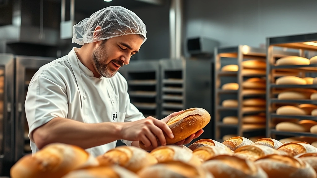 Professional baker in white apron and hairnet carefully examining fresh artisanal bread loaves in a modern bakery facility with stainless steel equipment and warm lighting, demonstrating quality control and craftsmanship