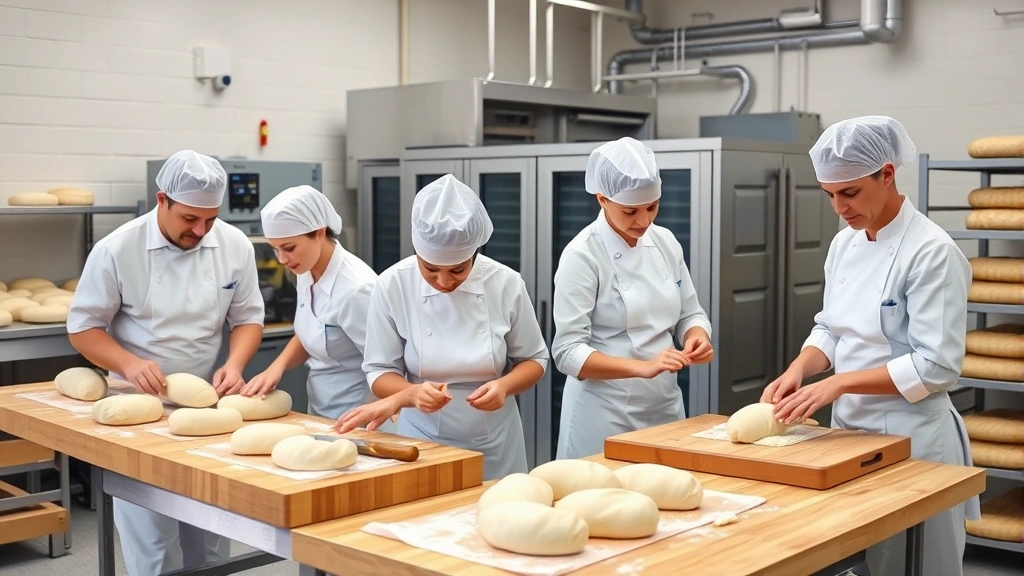 Team of professional bakers in clean white uniforms working collaboratively at wooden work surfaces, shaping dough and preparing loaves in a bright, organized production facility with modern bakery equipment visible in background