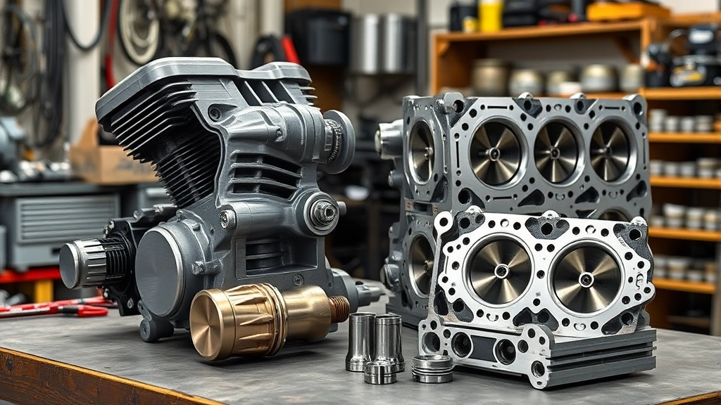 High-performance motorcycle engine block and cylinder head components displayed on workshop surface, precision-engineered aluminum and steel parts showing sophisticated engineering design and manufacturing quality