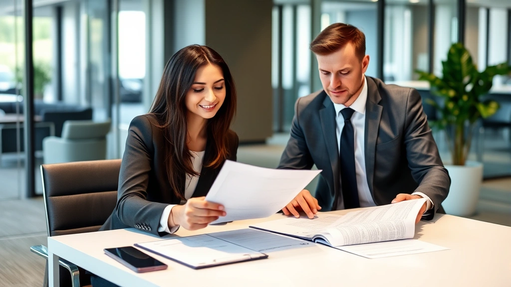 Professional insurance broker reviewing comprehensive policy documents with business client in modern corporate office setting