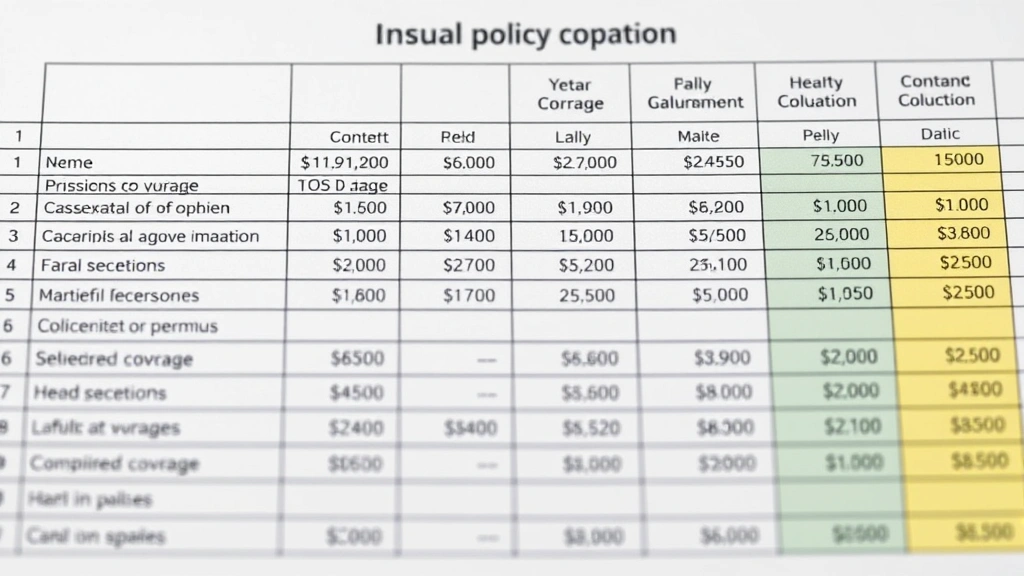 Close-up of insurance policy comparison spreadsheet with multiple coverage options and premium calculations visible