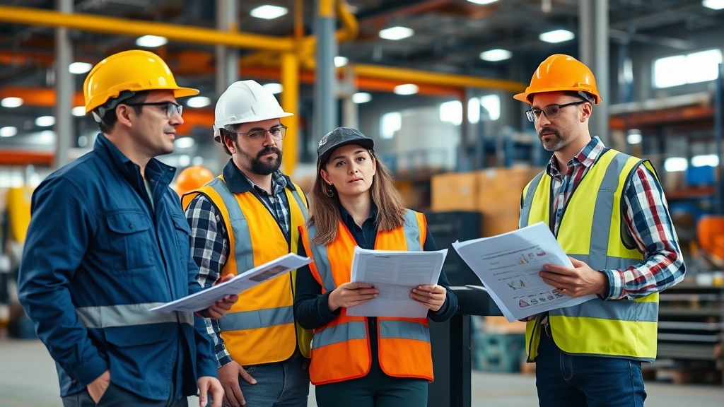 Business team conducting workplace safety assessment with protective equipment and risk evaluation documents in industrial facility