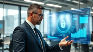 Professional banker in modern office reviewing cybersecurity dashboard with holographic security interface displays, confident posture, contemporary business attire, bright well-lit financial services workplace