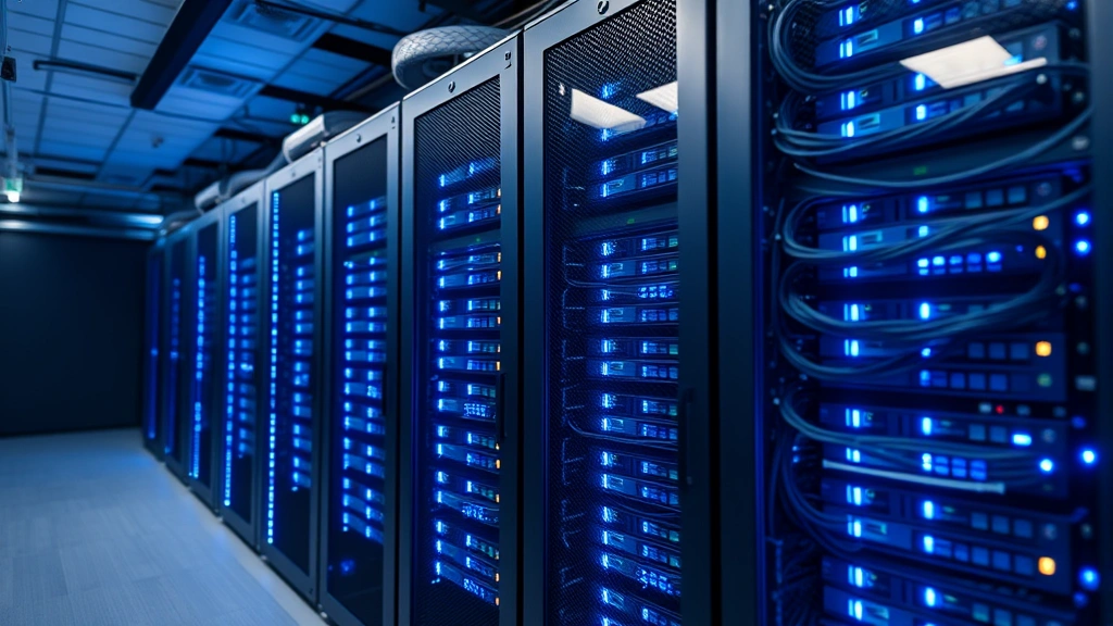 Close-up of secure data center with rows of server equipment, blue LED lights, network cables organized professionally, climate-controlled facility demonstrating enterprise-grade infrastructure security