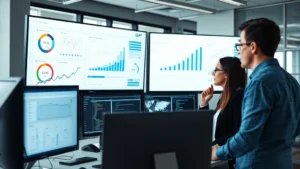 Professional business team reviewing SAP dashboard on multiple monitors in modern corporate office, focused expressions analyzing real-time data metrics and analytics