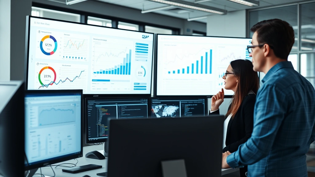 Professional business team reviewing SAP dashboard on multiple monitors in modern corporate office, focused expressions analyzing real-time data metrics and analytics