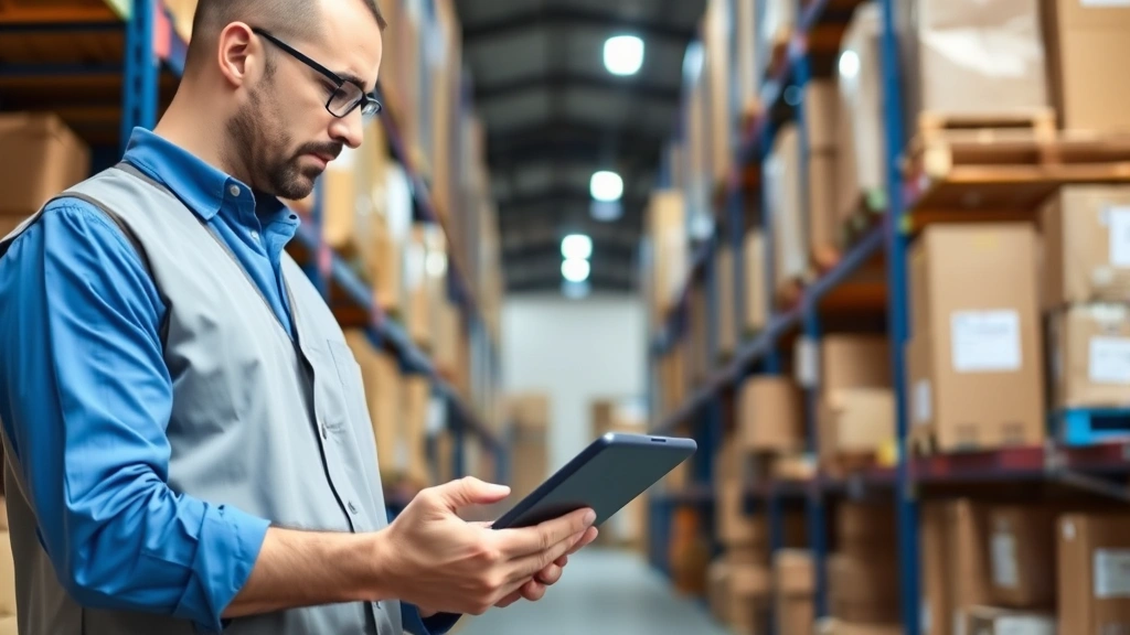 Warehouse manager using tablet to check inventory levels in organized storage facility with boxes and shelving, demonstrating supply chain visibility and operations management