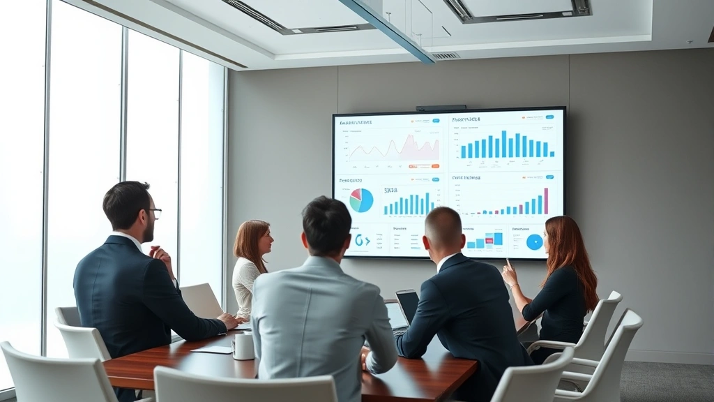 Executive team in boardroom reviewing financial reports and performance dashboards on large display screen, strategic decision-making environment with modern furnishings
