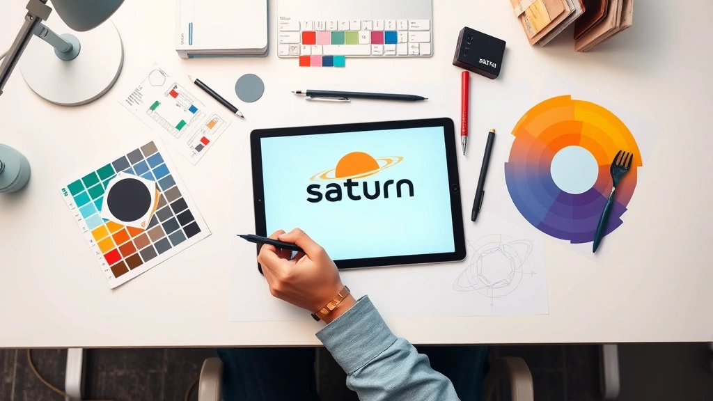 Professional graphic designer working on Saturn logo concepts with digital stylus and tablet, surrounded by color swatches, geometric tools, and design sketches on modern white desk