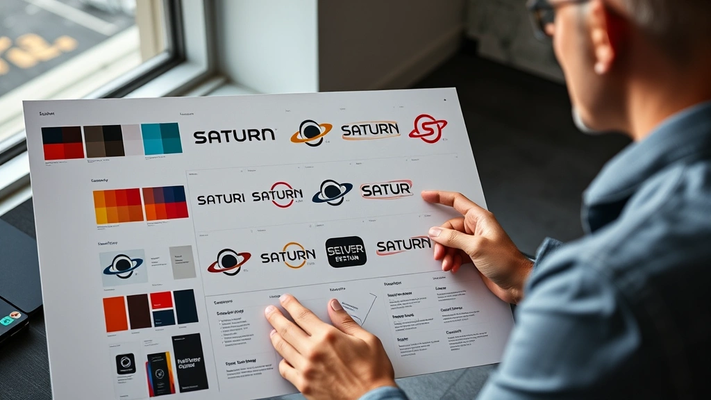 Branding agency creative director reviewing multiple Saturn logo variations on mood board with color swatches, typography samples, and detailed design specifications