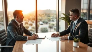 Professional insurance agent in modern office meeting with Scottsdale businessman reviewing policy documents on desk, Arizona desert landscape visible through window, warm natural lighting, corporate setting