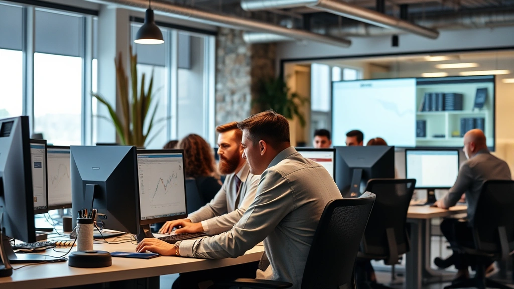 Diverse team of insurance professionals in contemporary office environment working at computer workstations, analyzing data on multiple monitors, collaborative workspace with Arizona architectural elements