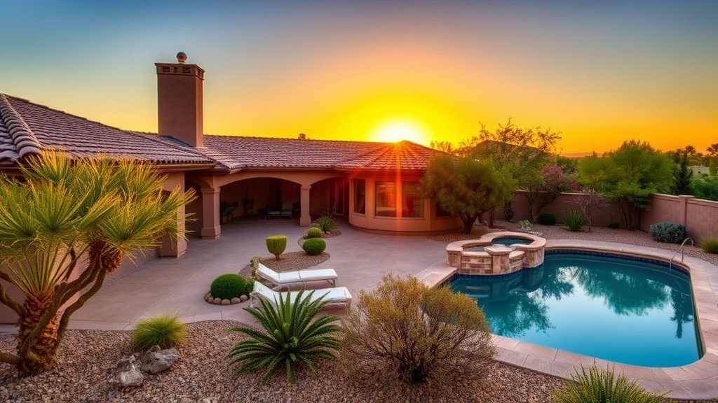 High-net-worth Scottsdale home exterior with desert landscaping and pool area during golden hour sunset, representing luxury residential property requiring specialized homeowners insurance coverage