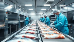 Professional seafood processing facility with modern stainless steel equipment and workers in hygiene clothing handling fresh fish fillets on conveyor systems, bright overhead lighting, clean industrial environment