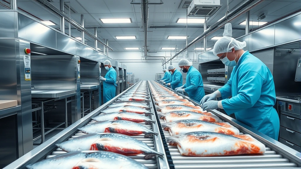 Professional seafood processing facility with modern stainless steel equipment and workers in hygiene clothing handling fresh fish fillets on conveyor systems, bright overhead lighting, clean industrial environment