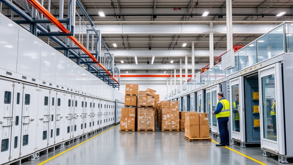Modern warehouse refrigeration facility with organized storage units, temperature monitoring systems, and logistics personnel checking inventory, clean industrial design with efficient cold-chain infrastructure