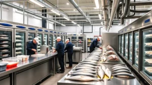 Modern commercial seafood distribution warehouse with stainless steel work surfaces, organized cold storage units, temperature control panels, and staff in food safety uniforms preparing fresh fish for shipment to restaurants and retailers