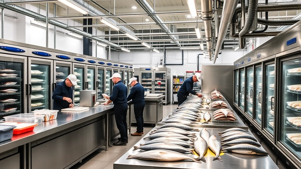 Modern commercial seafood distribution warehouse with stainless steel work surfaces, organized cold storage units, temperature control panels, and staff in food safety uniforms preparing fresh fish for shipment to restaurants and retailers