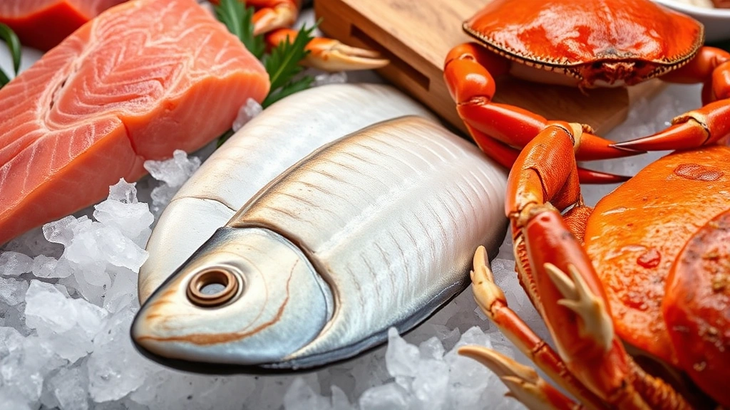 Close-up of premium fresh seafood including salmon, halibut, and Dungeness crab displayed on crushed ice in commercial presentation, showing quality and variety typical of Pacific Northwest sourcing