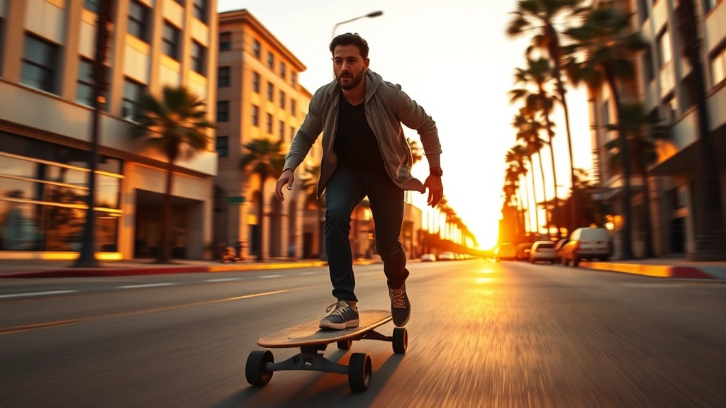 Professional skateboarder riding a longboard through urban California street, sunset lighting, premium deck visible, motion blur background, realistic photography