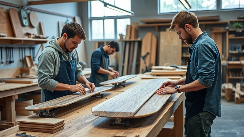Sustainable skateboard manufacturing workshop with craftspeople assembling wooden decks, eco-friendly materials on workbench, natural lighting, quality control focus