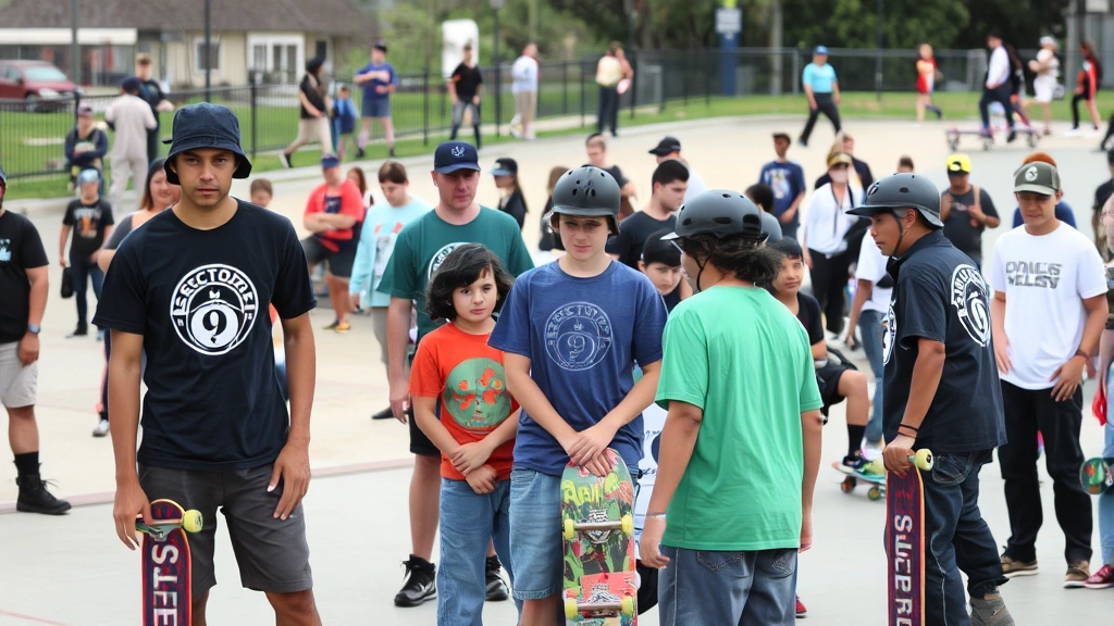 Diverse group of skaters at community skate park event, various ages and skill levels, Sector 9 branded equipment visible, authentic community atmosphere, daytime